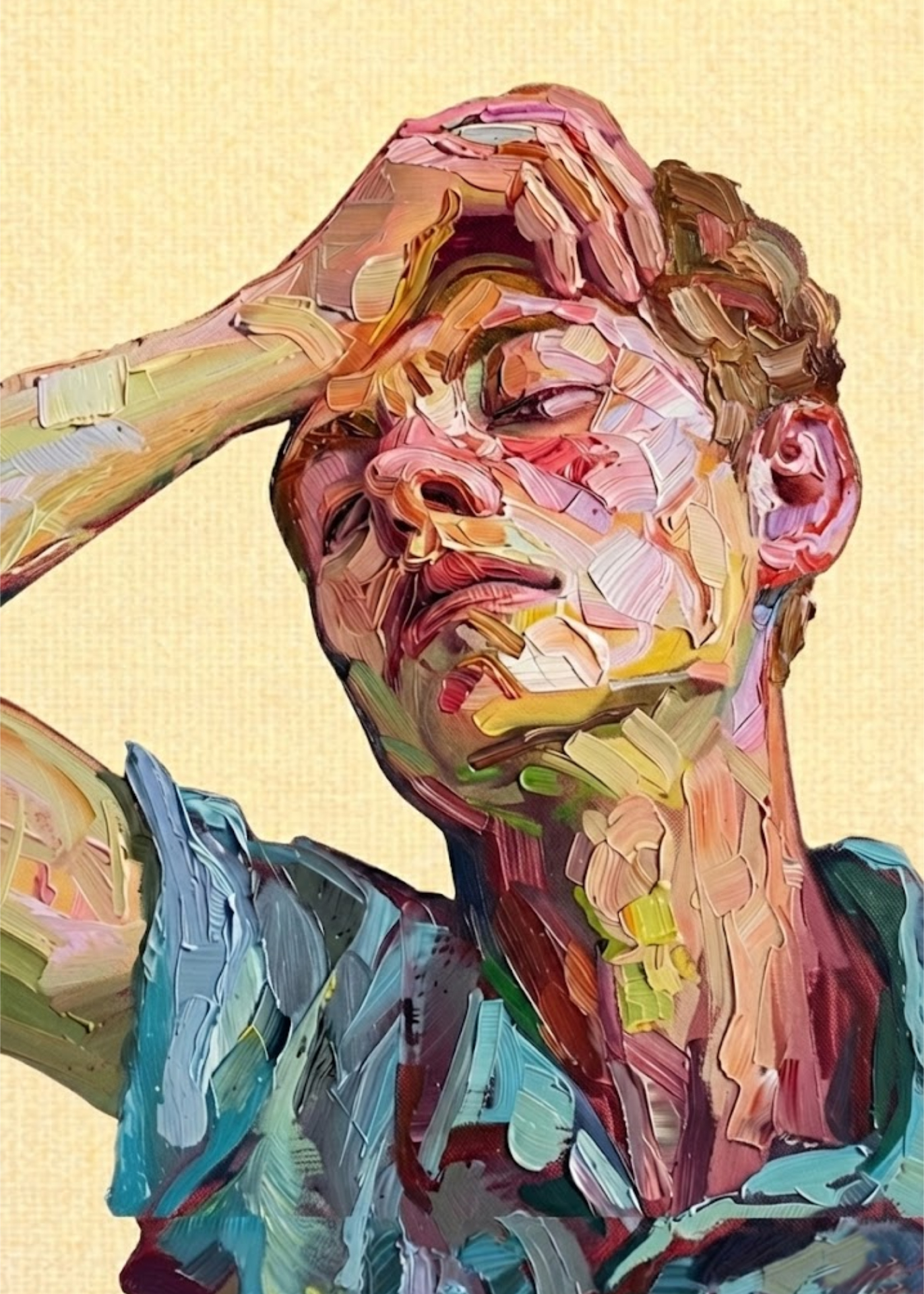 A painted person holding their head in discomfort.