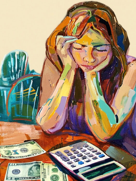 A painterly illustration of a person with their head in their hands looking down at a calculator and money.