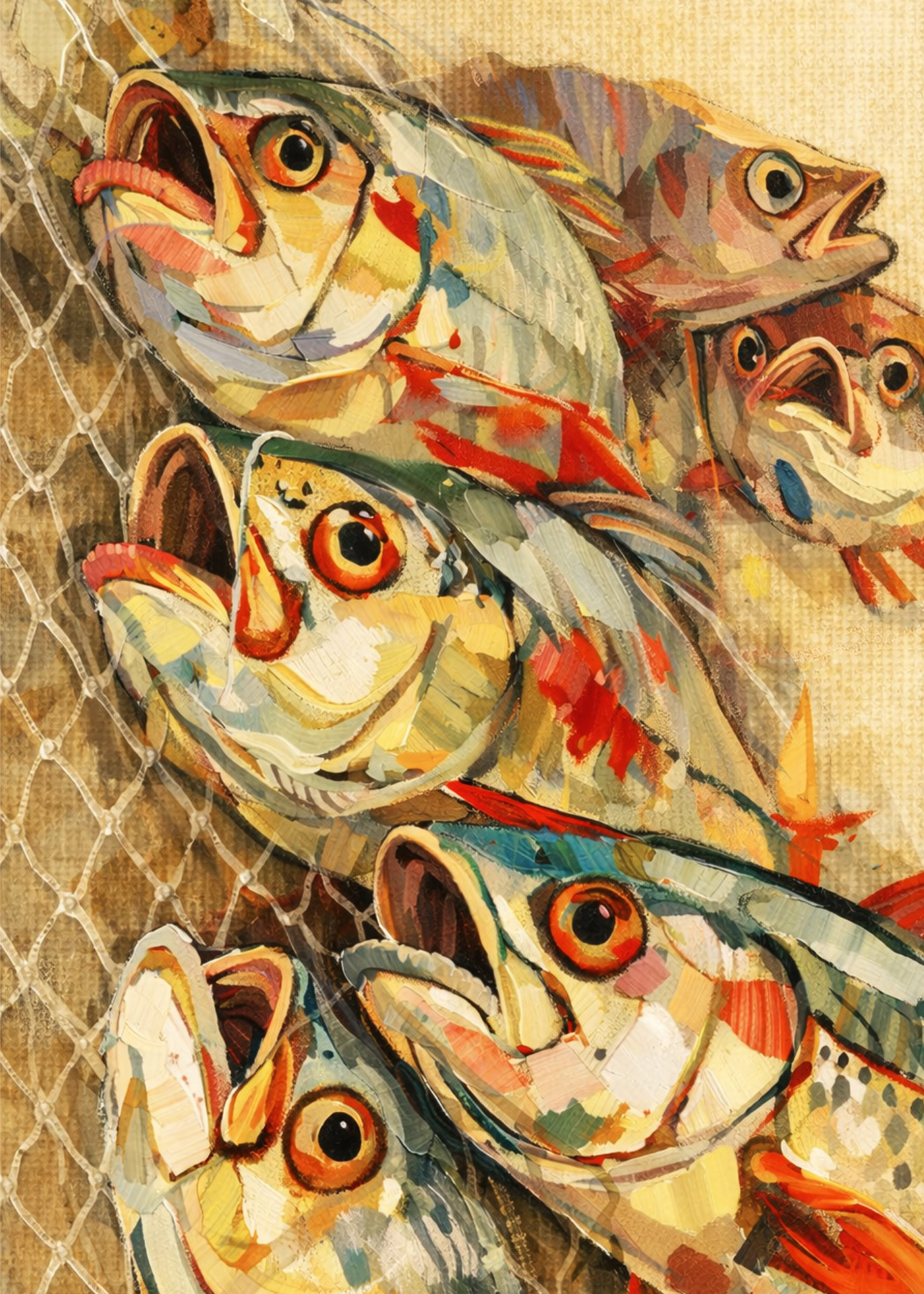 A painted scene of several fish caught in a net.