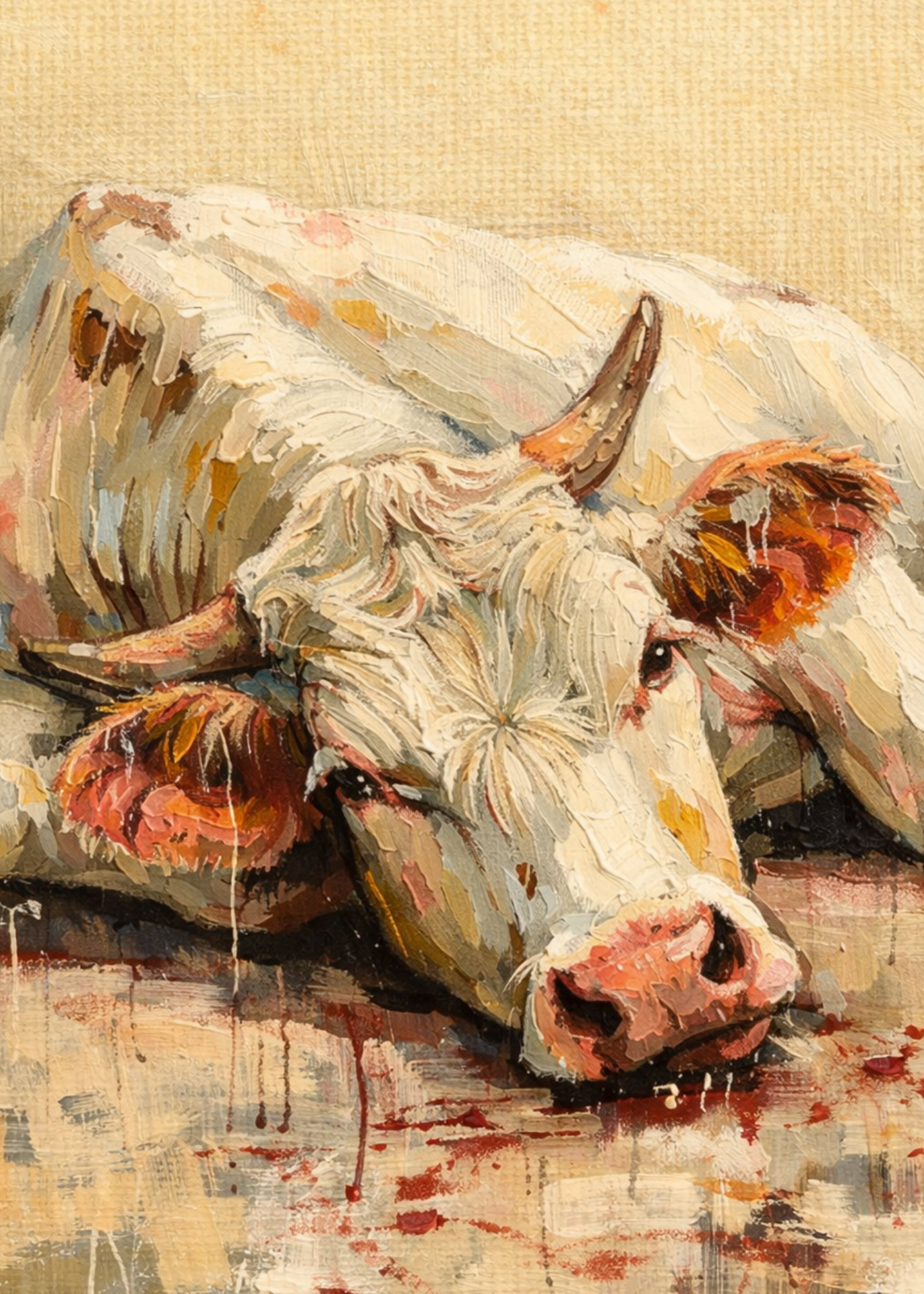 A painted image of a distressed cow lying on the ground.