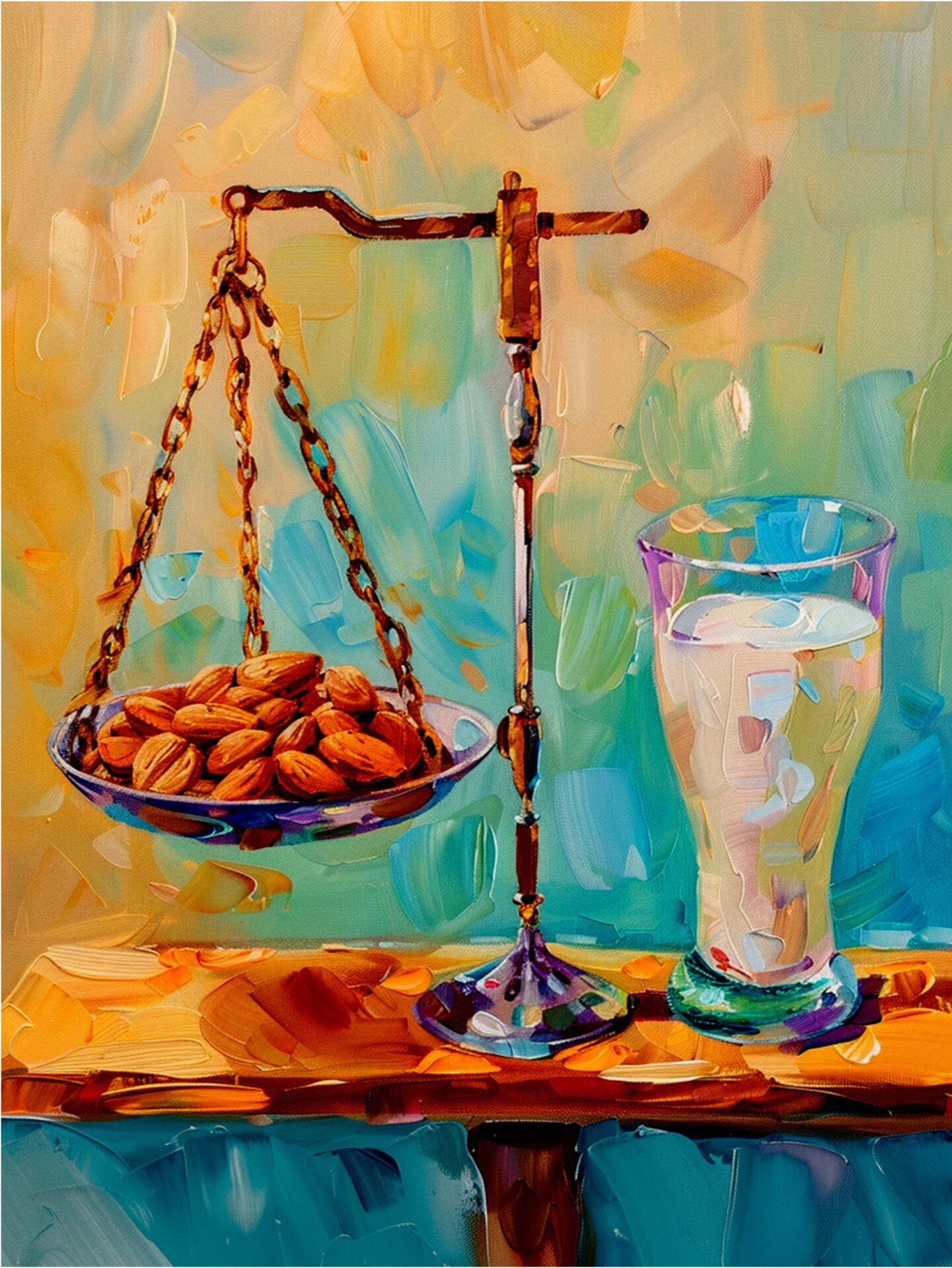 A painterly illustration of a balance scale weighing a bowl of almonds against a glass of water