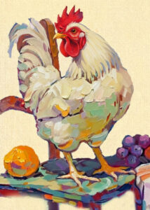 A colorful painted rooster standing on a small table with fruit.