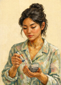 A painted image of a person checking blood sugar with a glucose meter.
