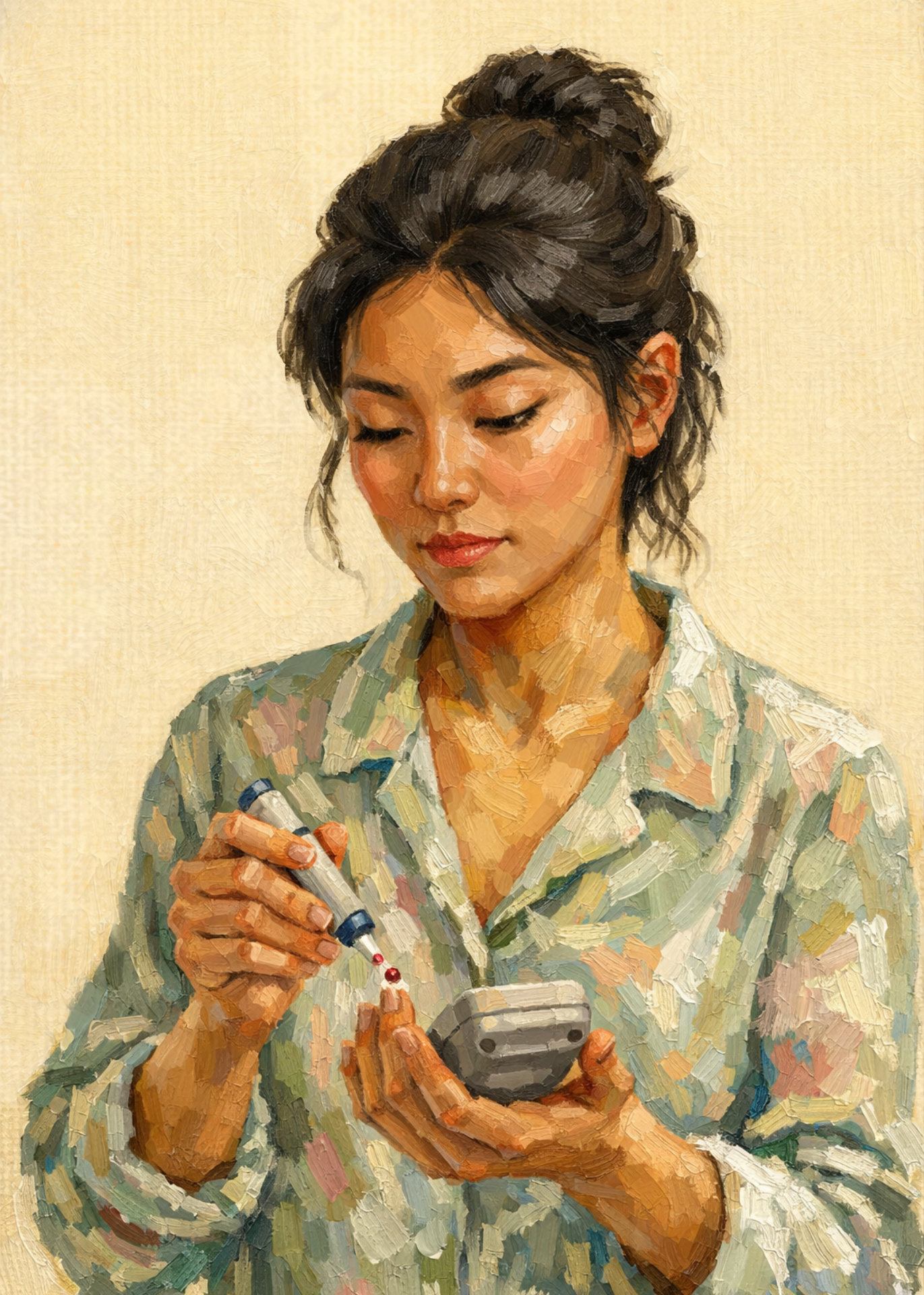 A painted image of a person checking blood sugar with a glucose meter.