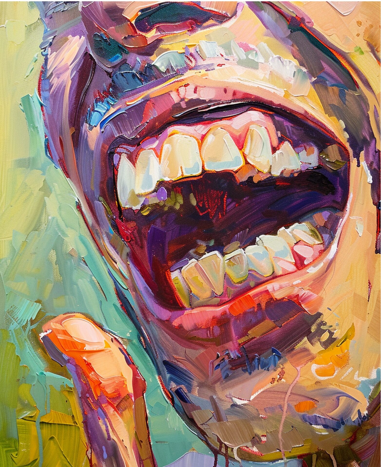 A painterly close-up illustration showing an open human mouth with prominent teeth rendered in bold, expressive brushstrokes.