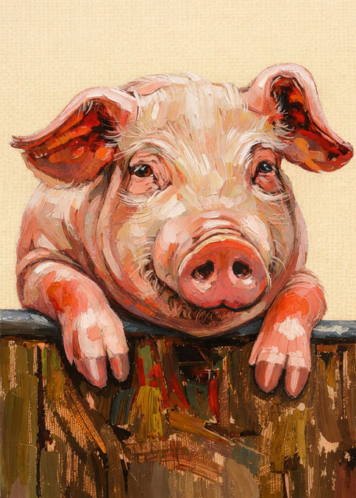 A painted pig leaning over a wooden barrier.