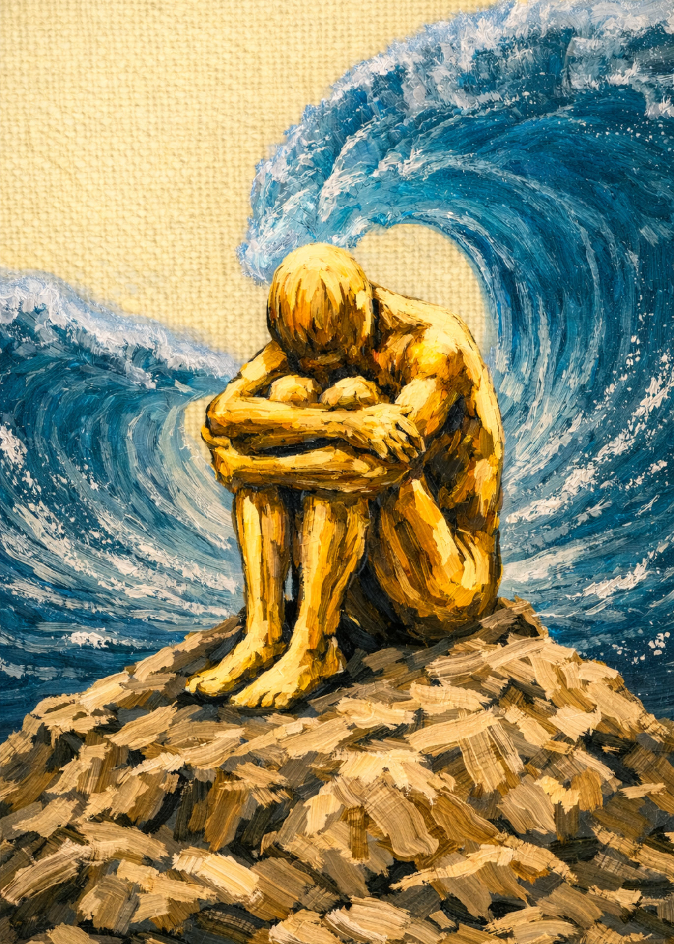 A painted figure sitting curled up on a mound as a large wave rises behind them.