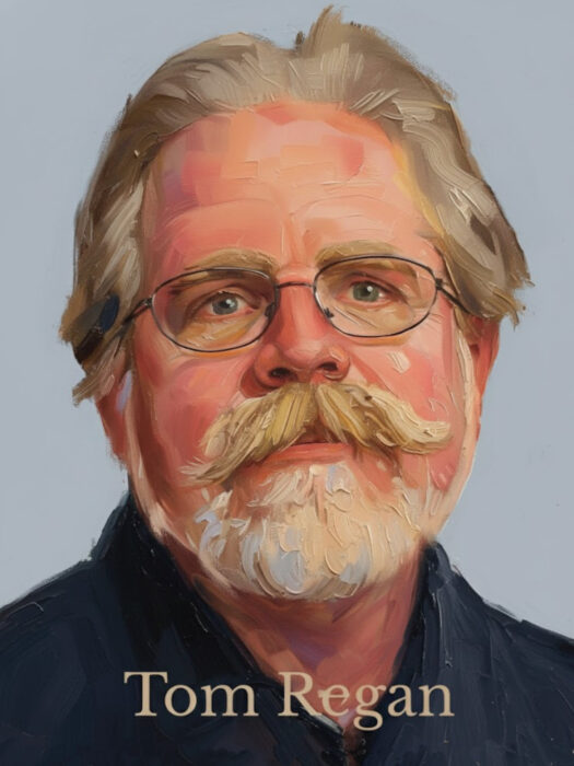 A painterly portrait of Professor Tom Regan, depicted with glasses, a mustache, and beard against a muted background.