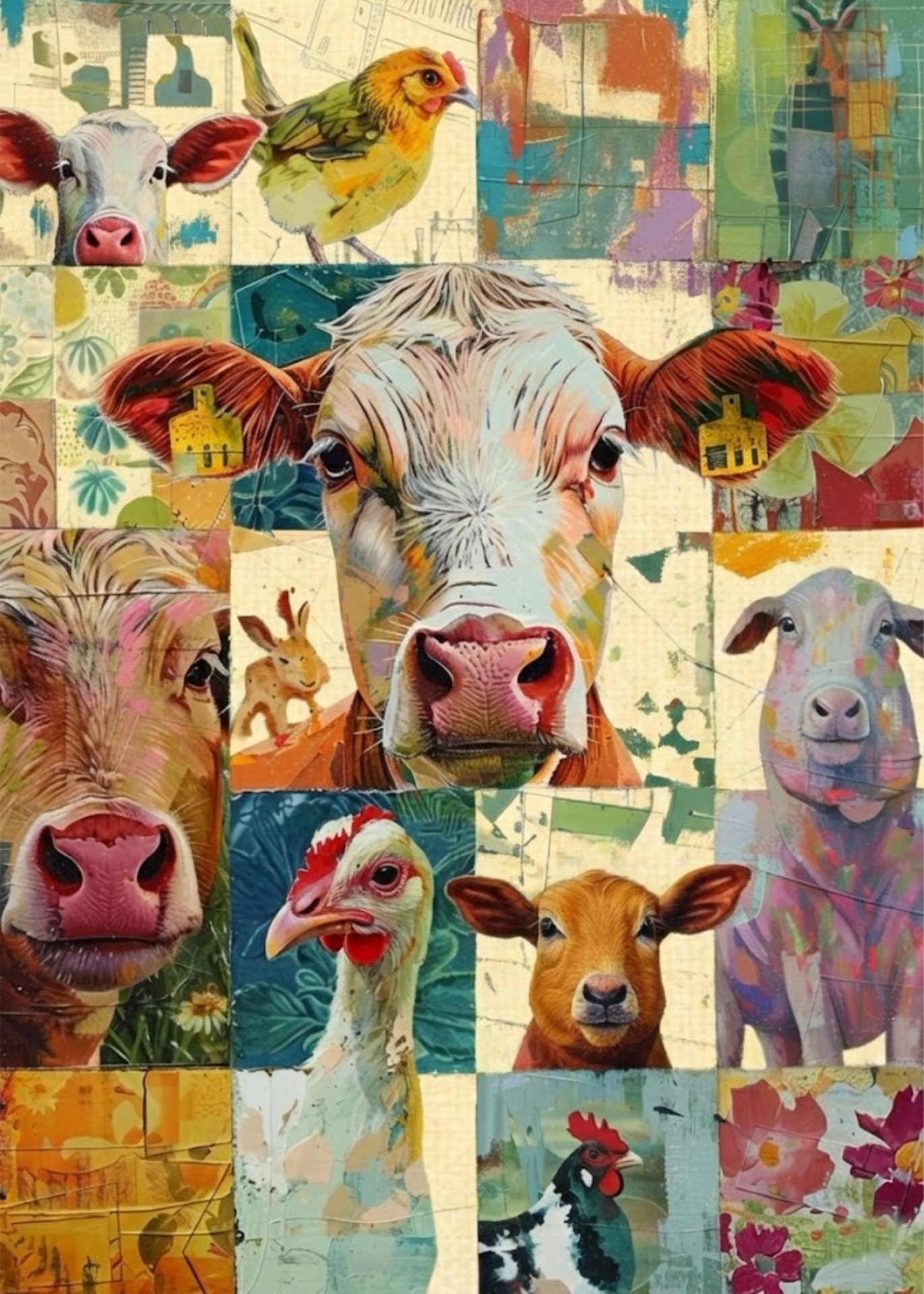 A painted collage of various farm animals.