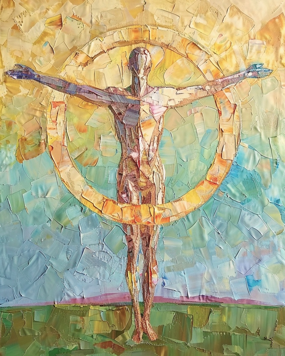 Man with outstretched arms and a circle.