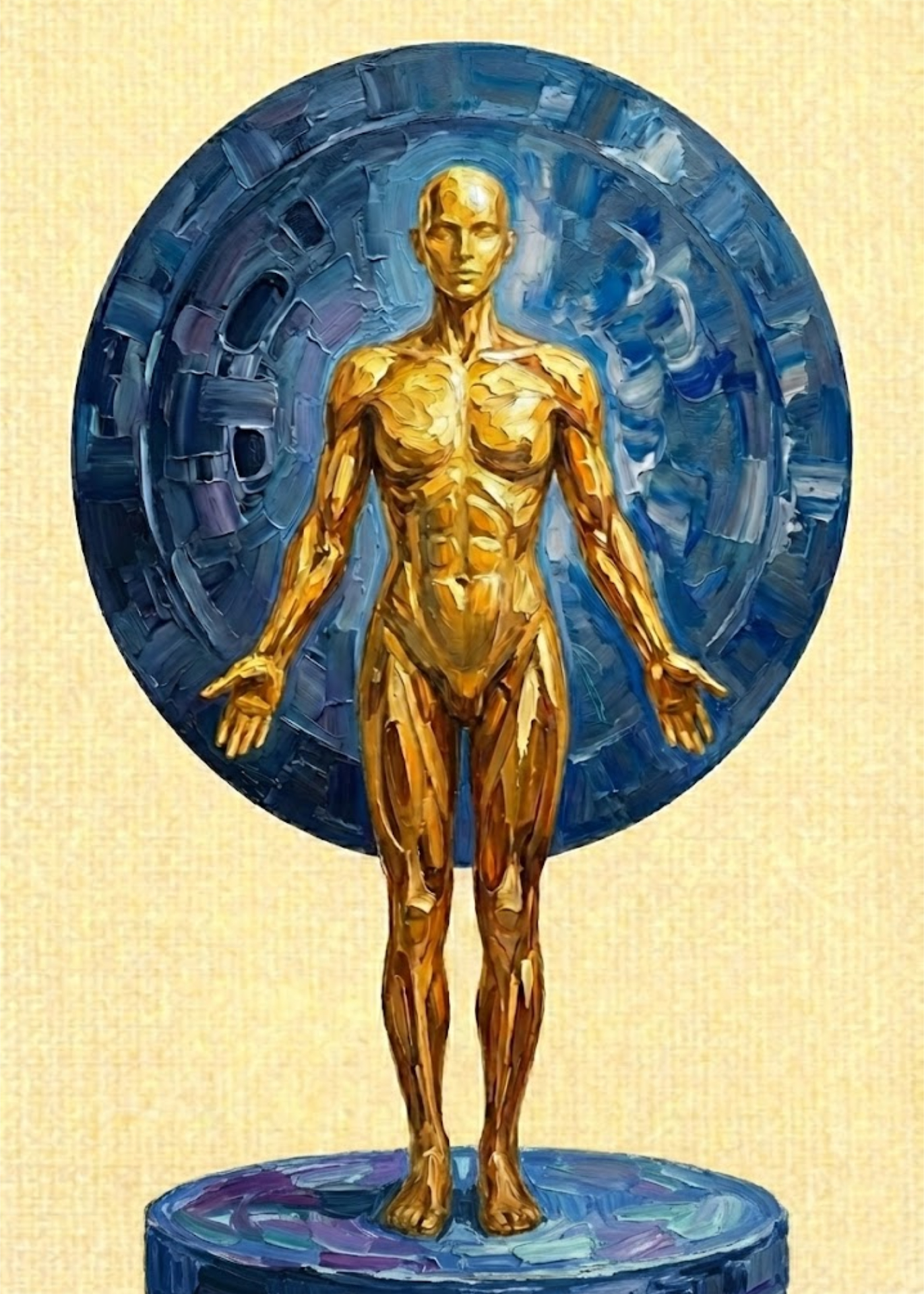A painted golden human figure standing within a circular halo-like form.