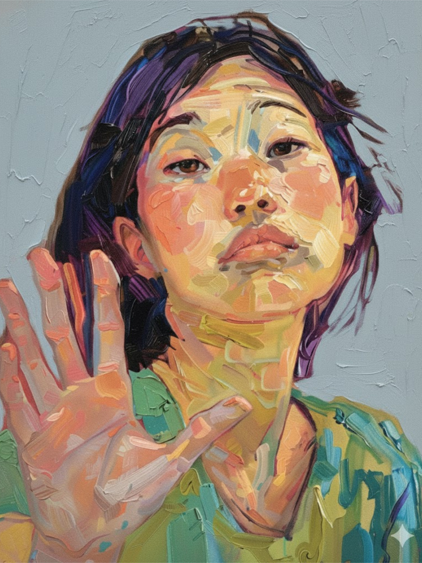 A person on the right raising one hand in a gesture suggesting pause or assertion, rendered with visible brushstrokes against a muted background.