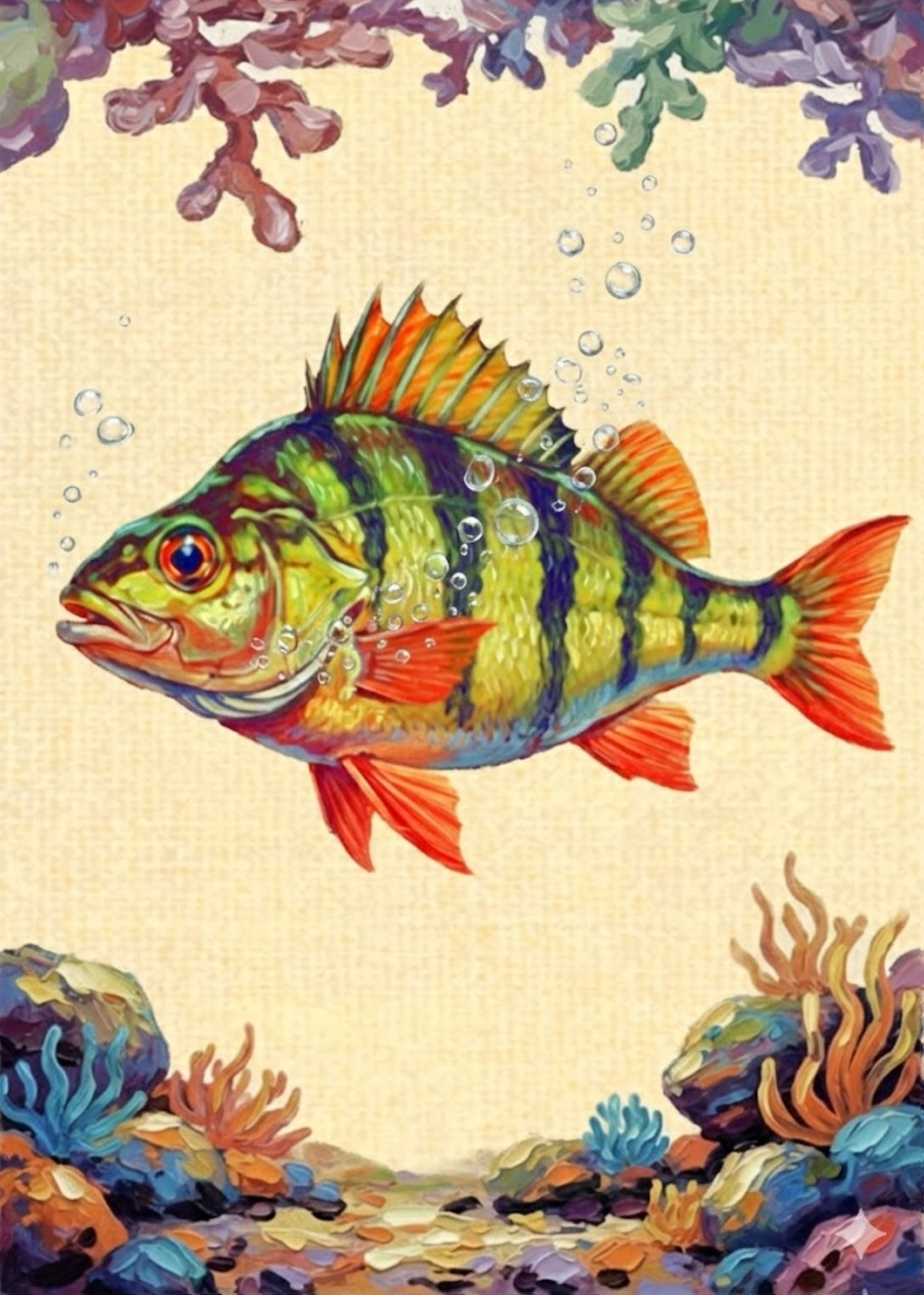 A painted scene of a colorful fish swimming underwater among coral and bubbles.