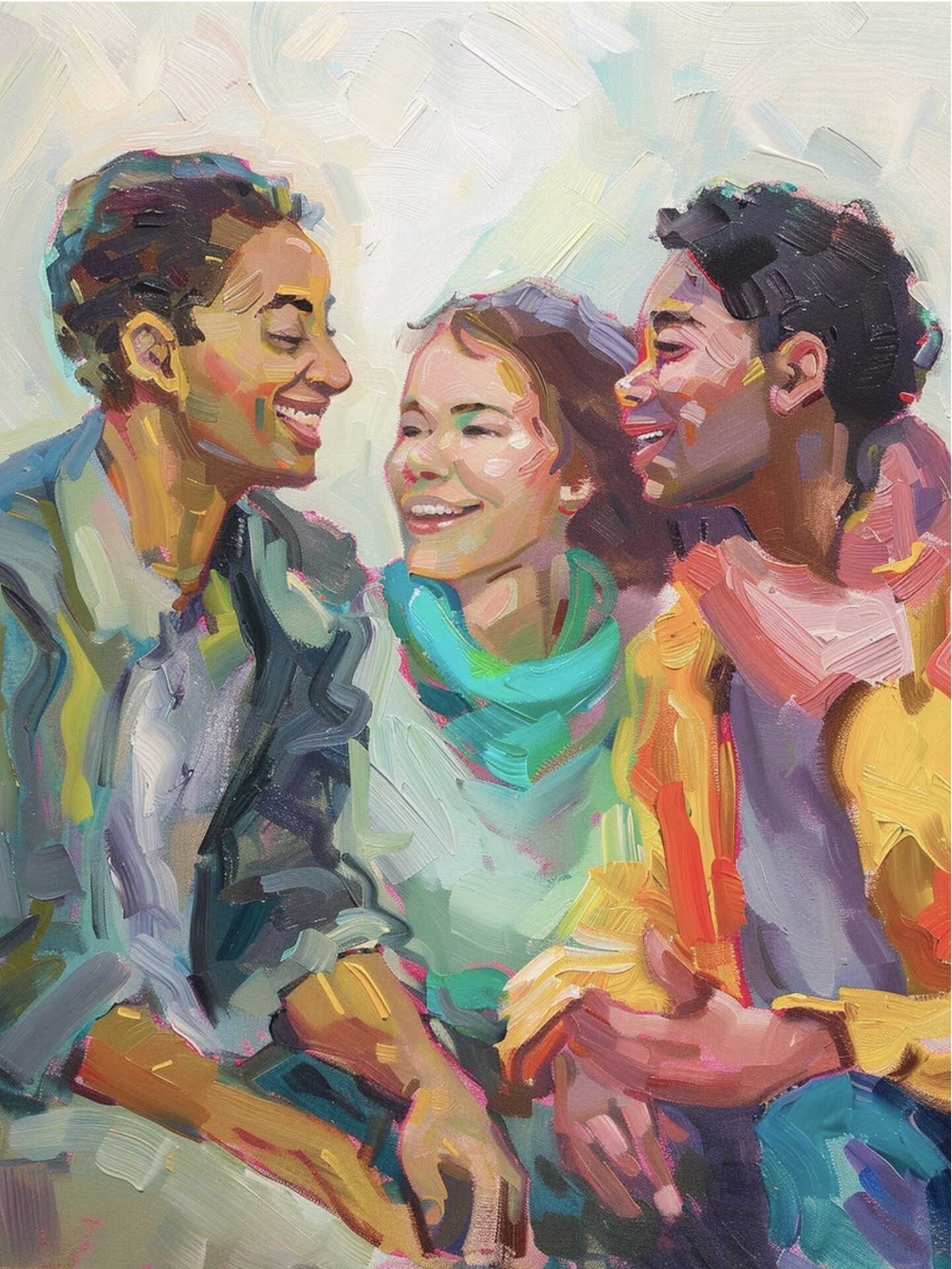 A painterly illustration of three people smiling and engaged in warm conversation, suggesting connection and trust.
