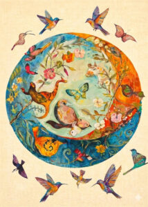 A painted circular scene of animals, plants, and birds surrounding a natural ecosystem.