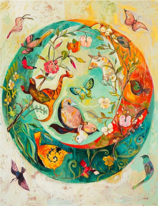 A painterly illustration of a circular natural scene filled with animals, birds, insects, and plants arranged in a harmonious, swirling composition.