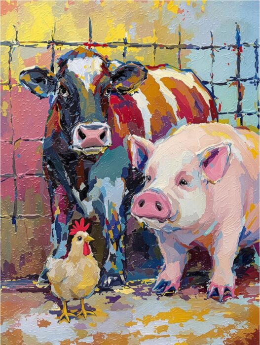 A colorful, painterly illustration shows a cow, a pig, and a chicken standing together in a confined farm-like setting, suggesting the shared suffering of animals in agriculture.