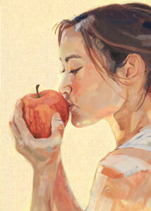 A painted image of a person holding and about to bite an apple.