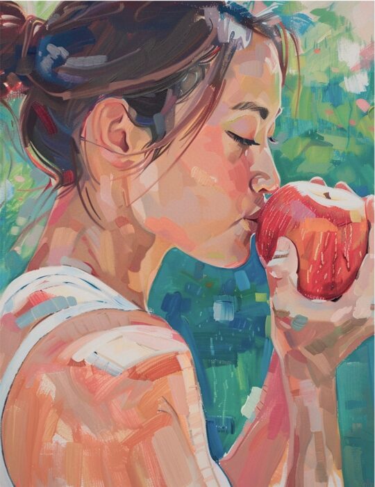 A painterly illustration of a person in profile eating a red apple, rendered in soft, colorful brushstrokes against a green, natural background.