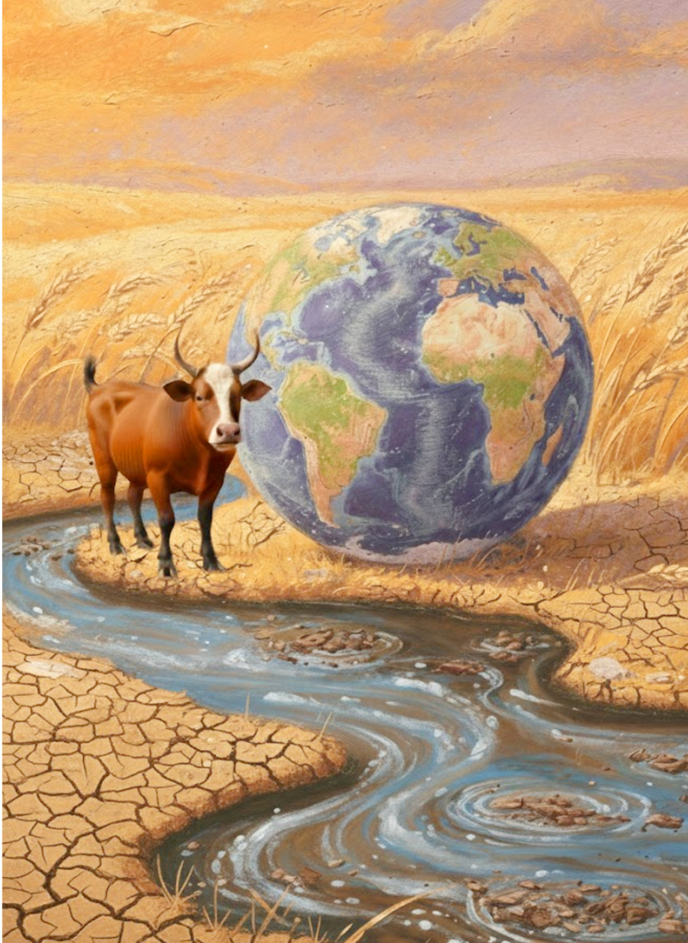 A painterly illustration of a cow standing on cracked, drought-stricken land next to a large globe of Earth, with a small polluted stream flowing through the dry landscape, symbolizing environmental harm from animal agriculture