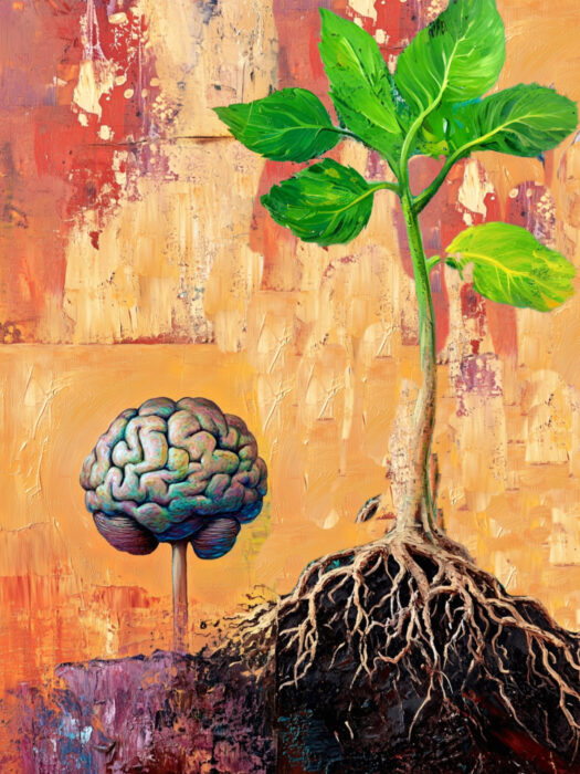 A surreal illustration of a plant above ground and a human brain below the soil.