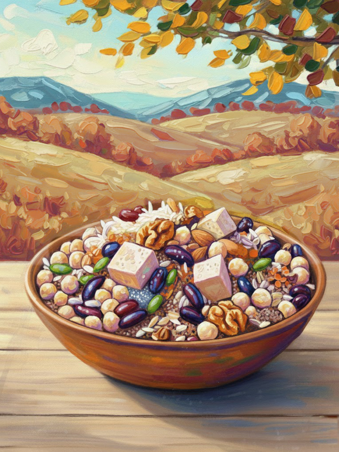 A painterly illustration of a bowl filled with diverse plant protein foods—beans, chickpeas, grains, nuts, seeds, and tofu—set against a warm, pastoral landscape, conveying abundance and nourishment
