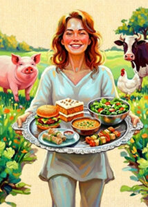 A painted person holding a tray of plant foods with farm animals behind them.