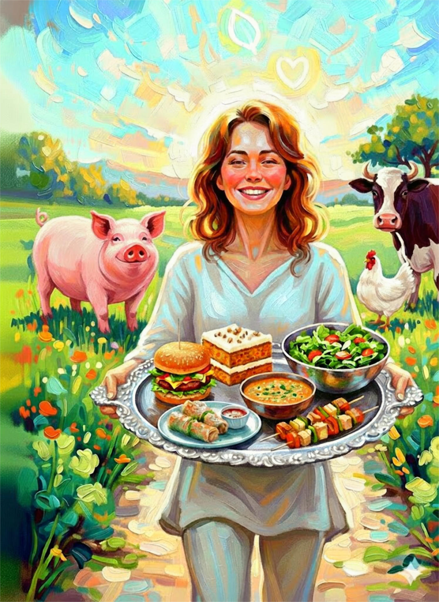 A painterly illustration of a smiling woman holding a tray of vegan foods, standing in a sunlit field with a pig, a cow, and a chicken peacefully nearby, conveying a welcoming beginning to a compassionate vegan lifestyle.