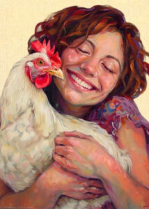 A painted person warmly hugging a chicken.