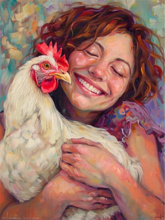 A painterly illustration of a smiling woman with curly hair gently hugging a white chicken, conveying warmth and care.