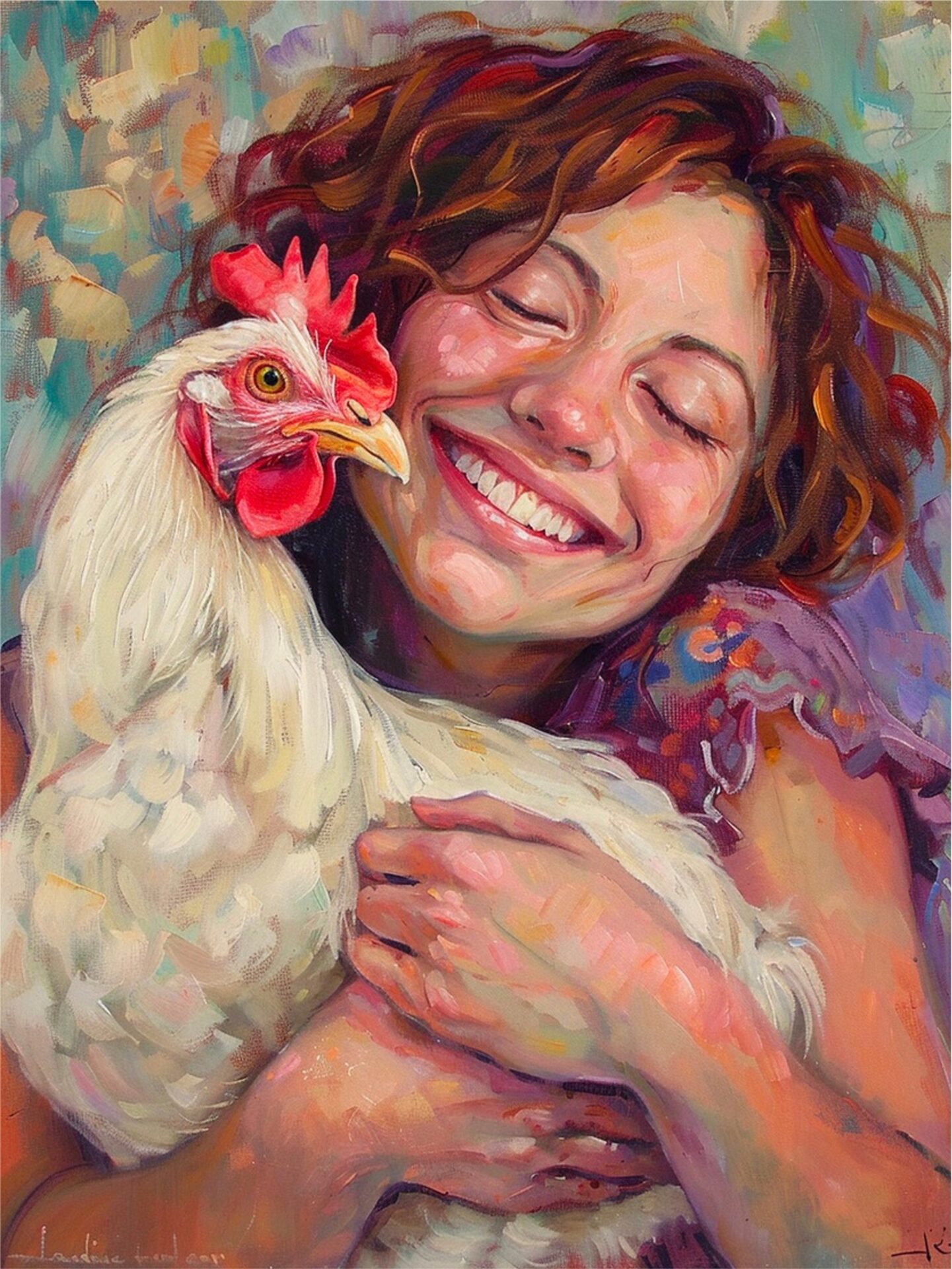 A painterly illustration of a smiling woman with curly hair gently hugging a white chicken, conveying warmth and care.