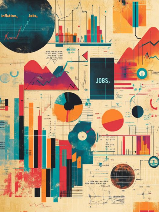 An abstract illustration of charts, graphs, and economic indicators in bold colors suggesting jobs, markets, and economic change.
