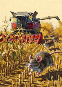 A painted scene of a combine harvesting a field while small animals run away.