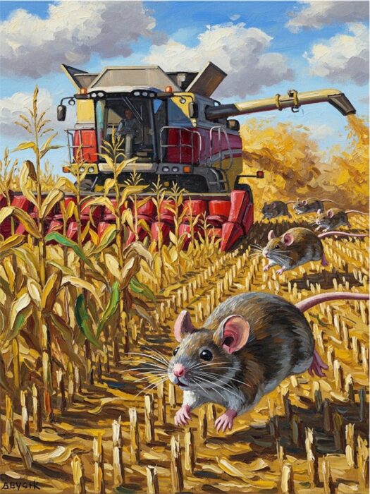 An illustration of a combine harvester cutting a cornfield while mice flee the rows, emphasizing crop deaths during harvesting.