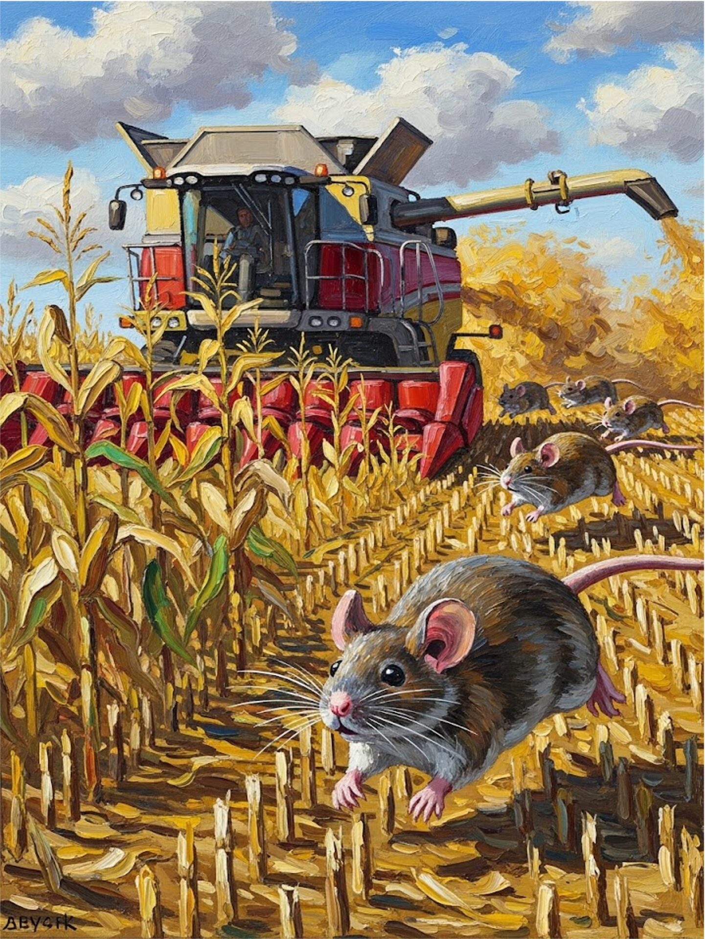 An illustration of a combine harvester cutting a cornfield while mice flee the rows, emphasizing crop deaths during harvesting.