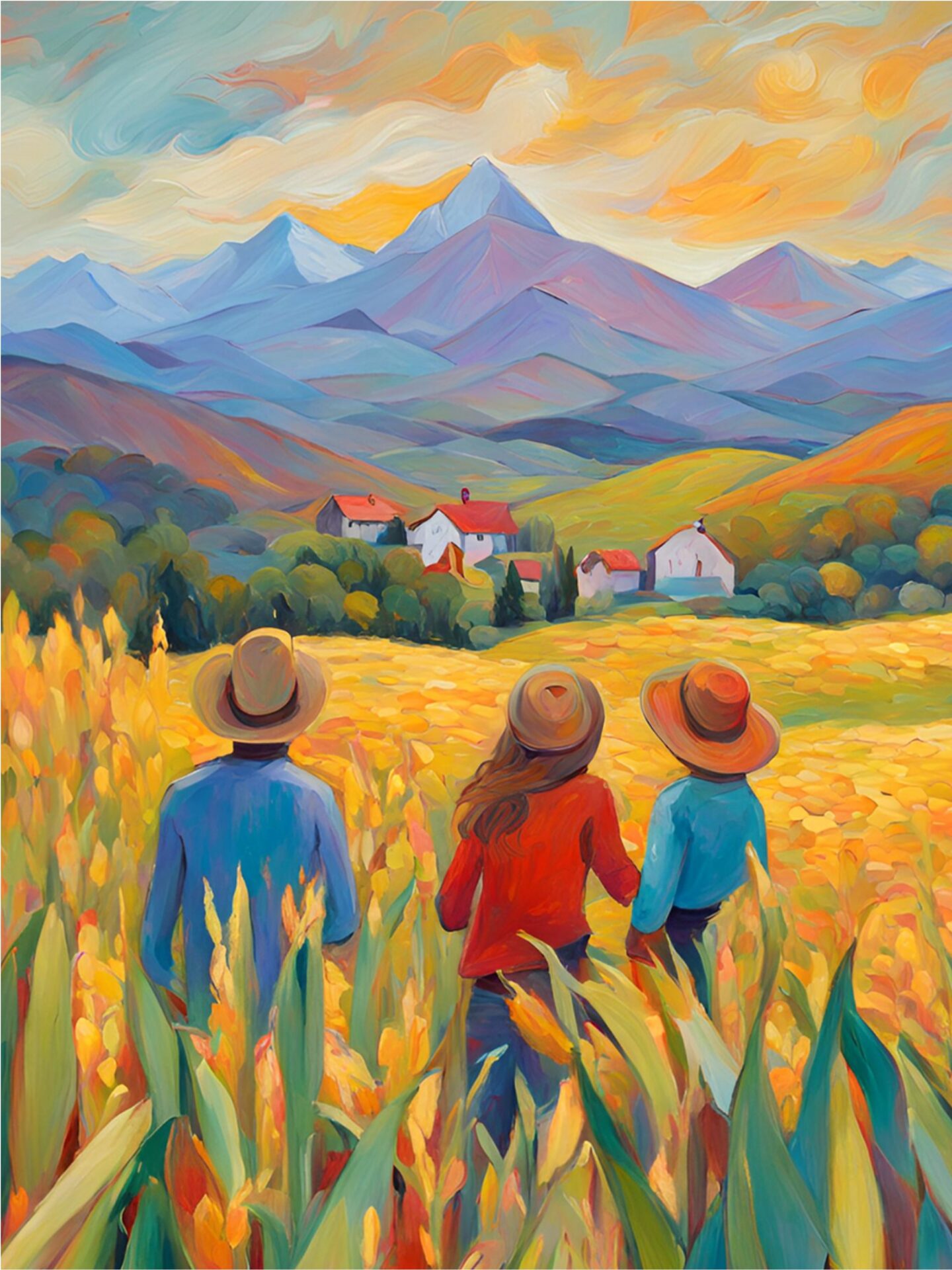 Graphic with the text ‘Can Veganism Mitigate World Hunger and Starvation?’ and the URL vBriefings.org/hunger, beside an illustration of three people standing in a golden field looking toward colorful mountains and a small village
