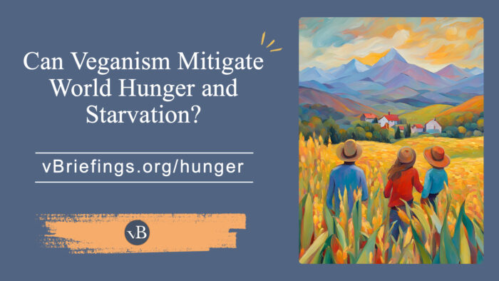 Graphic with text stating, “If we grow crops exclusively for direct human consumption, it could increase available food calories by as much as 70 percent,” attributed to Environmental Research – Cassidy, and noting that full citations are at vBriefings.org/hunger. Below the text are three circular images connected by a curved arrow: on the left, crops such as corn and grains; in the center, cows representing livestock; and on the right, a diverse group of people, illustrating that feeding crops directly to humans instead of to animals could significantly increase available food.