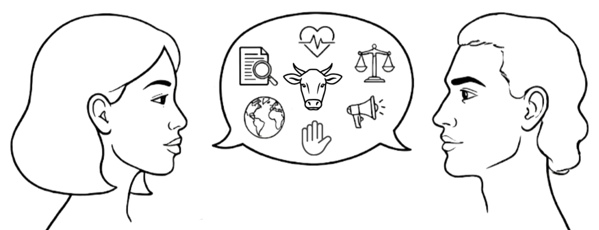 Two profile silhouettes facing each other with overlapping speech bubbles between them, filled with icons representing the main briefing categories: core briefings, animals and ethics, health, environment, objections, and advocacy.