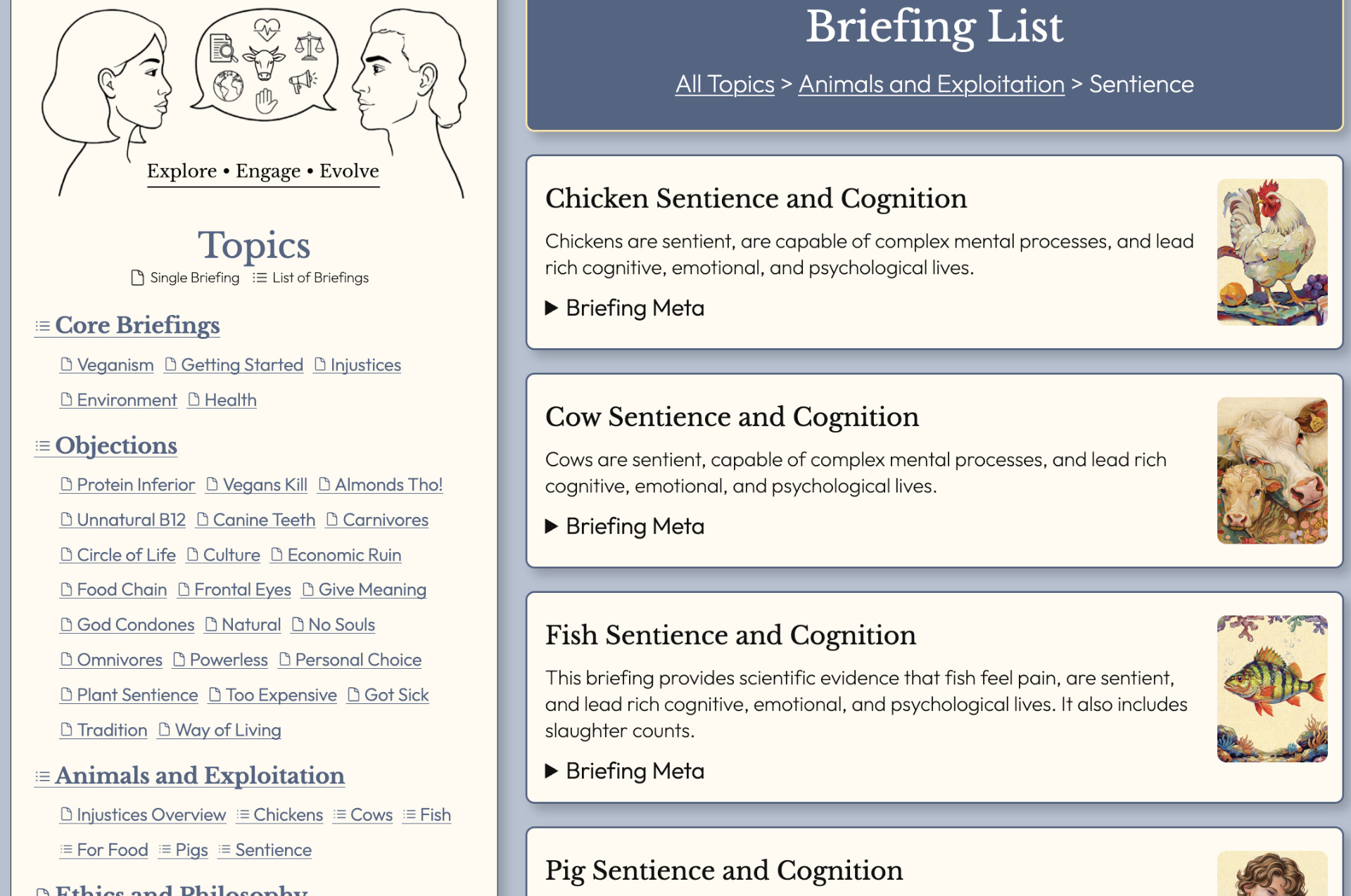 A screenshot of the vBriefings topic listing page for the subtopic "Sentience." On the right, a list of briefings is displayed with a breadcrumb.