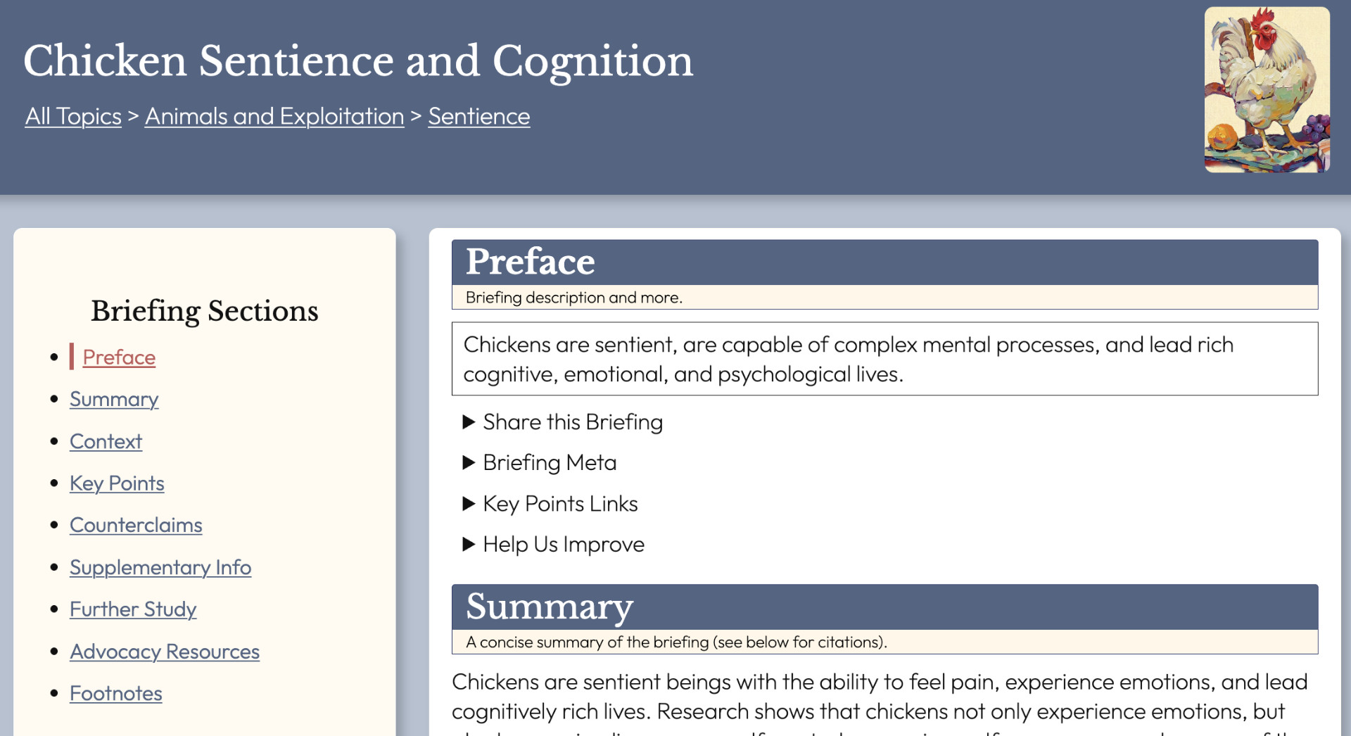 A screenshot of a vBriefings page titled “Chicken Sentience and Cognition.” At the top, a breadcrumb trail reads “All Topics > Animals and Exploitation > Sentience,” showing the hierarchical category path.  The layout illustrates how topics appear in breadcrumbs and how a specific briefing fits within the broader topic structure.