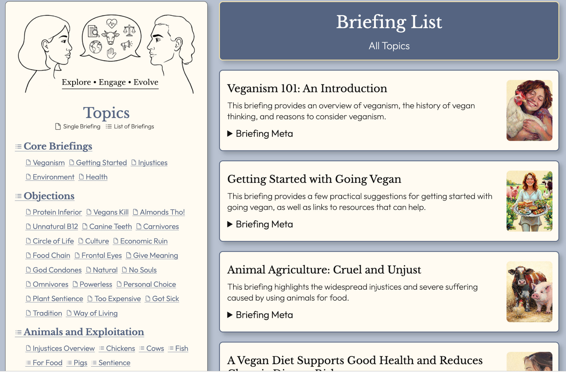 A screenshot of the vBriefings homepage showing how categories (topics) are displayed across the site. On the left, a “Topics” panel lists top-level categories such as “Core Briefings,” “Objections,” and “Animals and Exploitation,” with linked subcategories beneath them (e.g., Veganism, Environment, Protein Inferior, Cows, Fish). On the right, a list of briefings is displayed.