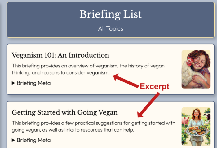 A screenshot of a portion of a briefing listing page highlighting the position of the excerpts.