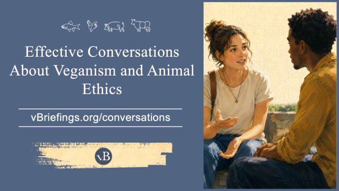 Graphic for the vBriefings briefing “Effective Conversations About Veganism and Animal Ethics,” featuring two people in conversation.